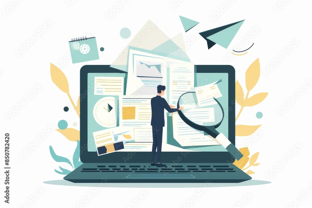 Poster a businessman with magnifying glass searches for a file in a folder computer laptop. computer data b