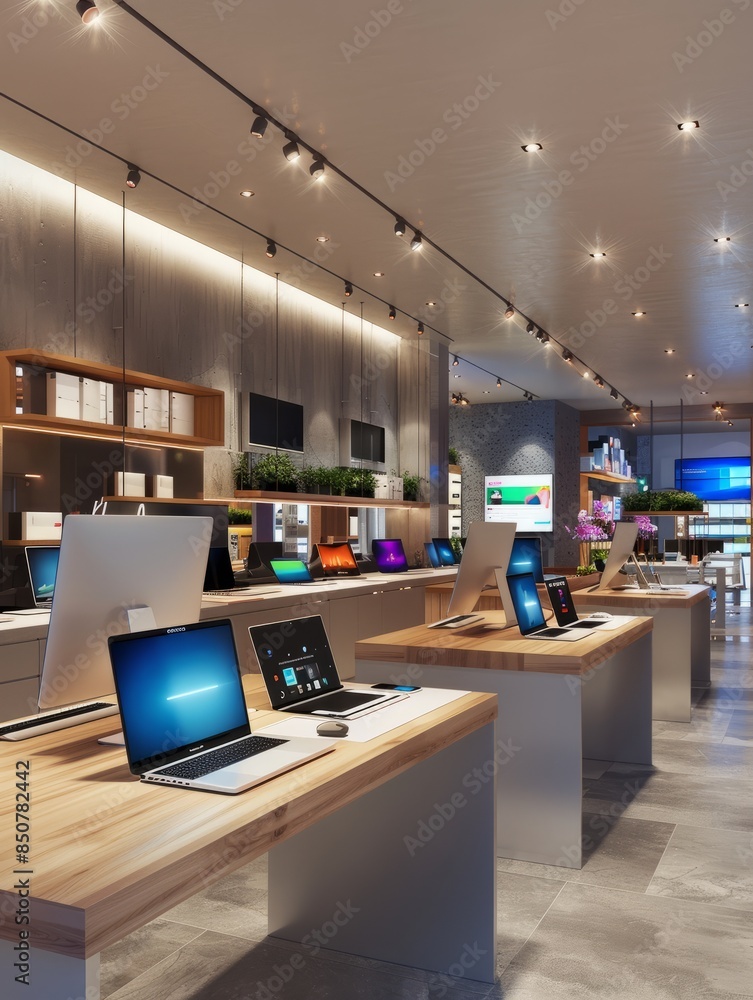 Poster inside a modern computer store with laptops on counter, showcasing a variety of digital products for