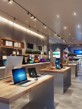 Inside a modern computer store with laptops on counter, showcasing a variety of digital products for customers.