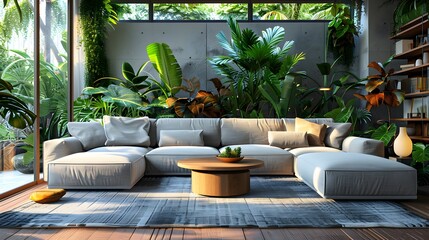 Show a contemporary living room with a gray couch, wooden accents, and lush greenery.
