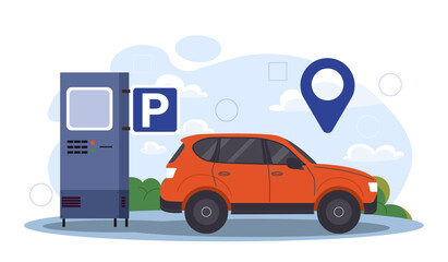 Parking lot concept. Red car near parking space. City infrastructure near shopping mall or business center. Place for transport. Cartoon flat vector illustration isolated on white background