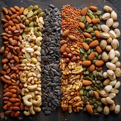 Obraz premium A variety of nuts and seeds are displayed in a row