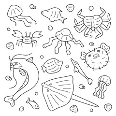 Doodle set with fish, jellyfish and crabs. Black and white clip art illustration.