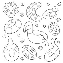 Doodle set with swimming circles. Black and white clip art illustration.