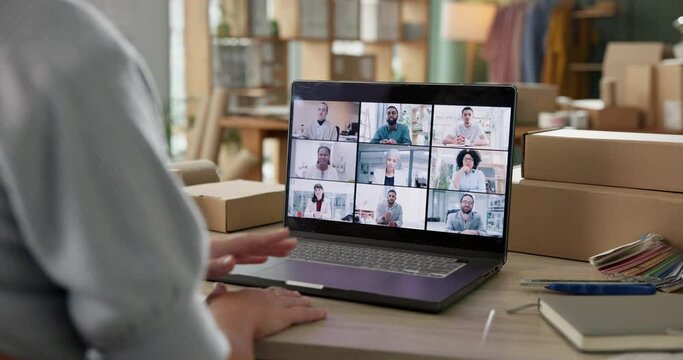 Business people, meeting and computer screen with fashion designer, seller or entrepreneur in b2b collaboration. Home, freelancer waves hello in video call or virtual client for ecommerce stakeholder