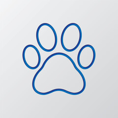 Paw simple icon. Flat design. Paper cut design. Cutted blue symbol with shadow. Gray background