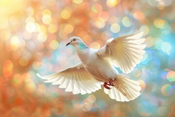 Serene white dove spreads its wings midflight against a vibrant, bokehlit backdrop
