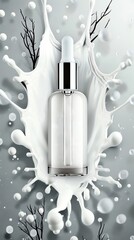 Glass bottle serum with dropper, white liquid, white background