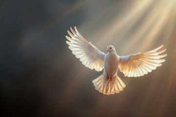 Majestic white dove spreads its wings in a tranquil flight, bathed in the warm glow of sunlight