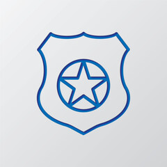 Police badge simple icon. Flat design. Paper cut design. Cutted blue symbol with shadow. Gray background