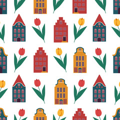 Seamless vector pattern with traditional dutch houses and tulip flowers