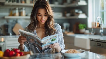 A woman enjoys a quick breakfast at a kitchen island, eating a bowl of cereal while reading a magazine. She is dressed for work, and the kitchen is bright and welcoming. This moment captures the