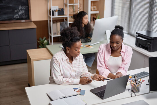 Wide angle shot of two African American women discussing business issues pointing at laptop screen in class or office, copy space