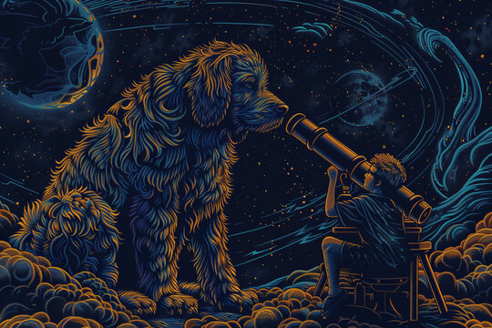 Boy Studying Astronomy with Colossal Dog at Telescope Gen AI