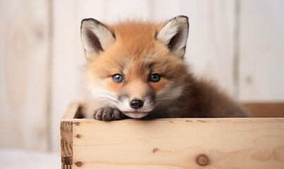 Obraz premium Adorable fox cub peeking from a wooden box, perfect for wildlife promotions, animal-themed content, and children’s stories