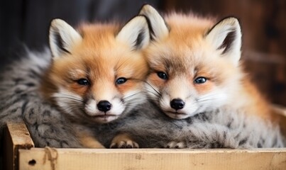 Fototapeta premium Adorable fox cub peeking from a wooden box, perfect for wildlife promotions, animal-themed content, and children’s stories
