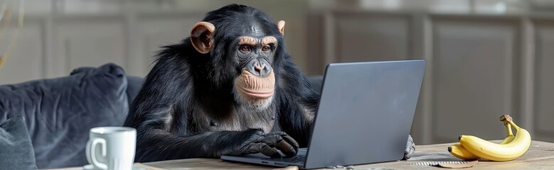 Naklejka premium Ape is using a laptop sitting in the office, has a coffee cup, a banana placed on the table as elements