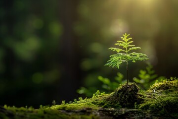 A photo of a small tree growing on moss in a forest, symbolizing the concept of ecology, natural landscapes, and environmental protection, and promoting healthy growth of trees and plants. 