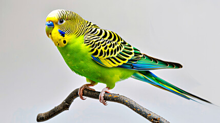 Fototapeta premium Close-up of green and yellow budgerigar perched on a branch.