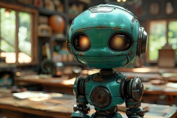 Green robot standing in the empty classroom. Futuristic education progress and advanced technology in learning and science