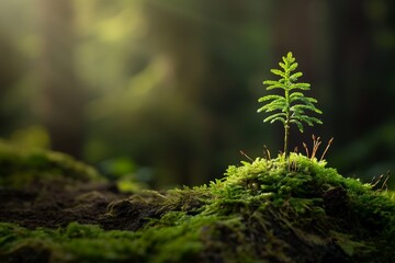 A photo of a small tree growing on moss in a forest, symbolizing the concept of ecology, natural landscapes, and environmental protection, and promoting healthy growth of trees and plants. 