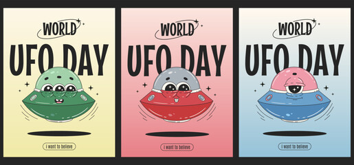 World UFO day greetings illustration. Set of cute spacecraft character in retro groovy style. Vector illustration. © Maria