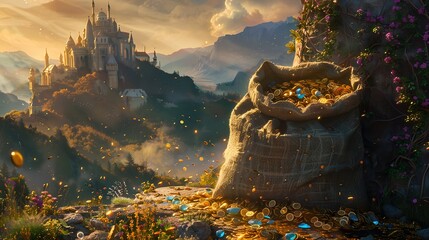 Obraz premium A Burlap sack filled with Gold Coins and Gems Surrounded by Vibrant Flowers, with an Ancient Castle on a Mountaintop and Golden Sunlight Illuminating the Background
