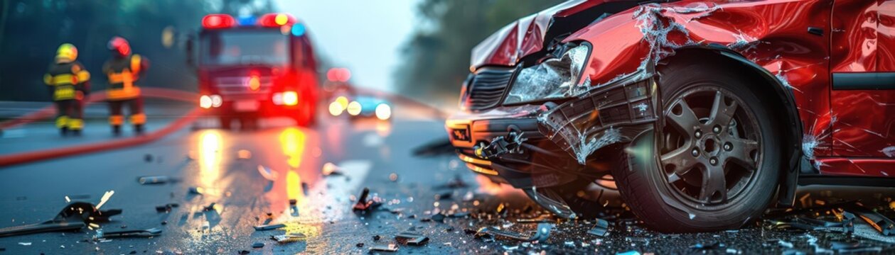 Wreckage of a car accident on a highway, fire and rescue teams in action, chaotic and urgent