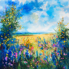 watercolor painting landscape, colorful field of flowers, abstract impressionism