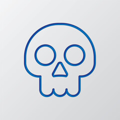 Skull simple icon. Flat design. Paper cut design. Cutted blue symbol with shadow. Gray background