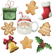 Watercolour set of traditional christmas elements, icons,  isolated illustrations on transparent background. Perfect ready stickers design.