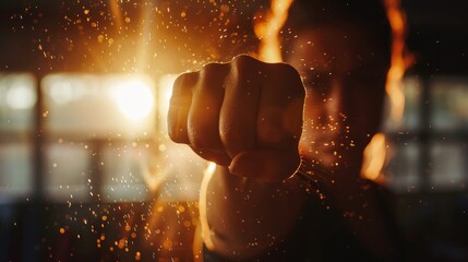 Close-up of a person punching towards the camera with sunlight and dust particles creating a dramatic effect.