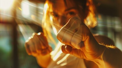 Close-up of a person throwing a punch in a sunlit room, conveying strength, determination, and focus in an energetic action shot.