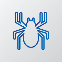 Spider simple icon. Flat design. Paper cut design. Cutted blue symbol with shadow. Gray background