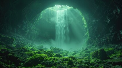 Waterfall Seen Through a Cave Opening