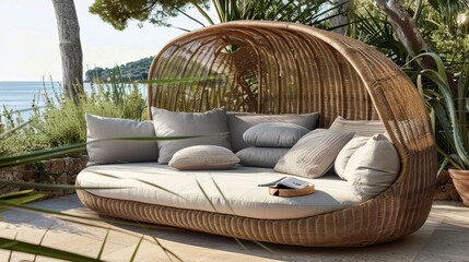 An outdoor daybed made from fastgrowing rattan and topped with a plush cushion made from organic cotton. Perfect for lounging in the sun while also being an environmentally friendly