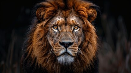 Fototapeta premium Close-up portrait of a male lion with a dark background, highlighting the details and beauty of the wildlife