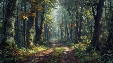 Obraz premium Realistic forest background with a winding, leafy path through towering trees