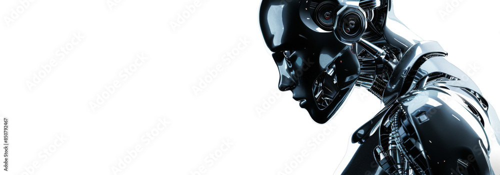 Poster futuristic cyborg profile with high-tech components and metallic features isolated on background