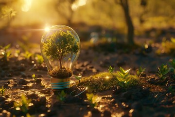 A photo of an eco-friendly light bulb with a blooming miniature green world inside, symbolizing the concept of sustainable energy, ecology, the environment and environmental protection.