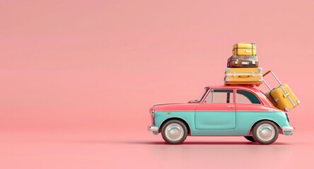 Retro car loaded with luggage on a pastel background. Vintage illustration. Summer travel beach vacations concept. Copy space.	