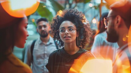 Executive Brainstorming: Show executives from diverse backgrounds brainstorming ideas together, with rich, cinematic lighting and a subtle pop of orange.