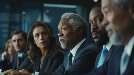 Obraz premium Executive Collaboration: Depict middle-aged or older executives collaborating with colleagues from diverse backgrounds in a conference room, with rich, cinematic lighting.