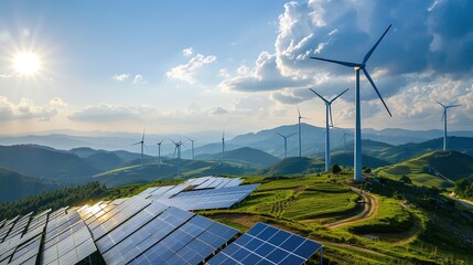 windmill and solar panels on a meadow in the mountains, renewable energy