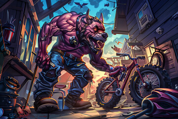 Man Fixing Bike in Garage with Oversized Pet Dog Gen AI