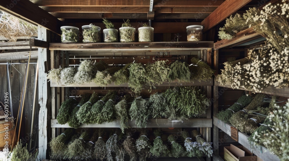 Poster a large herb drying rack standing in a garden shed overflowing with bundles of dried herbs of differ