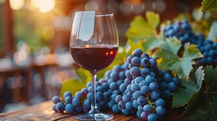Glass of red wine with ripe grapes on a rustic table setup, suggesting a vineyard theme or wine tasting