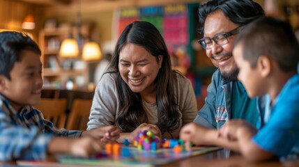 Fototapeta premium Family Game Night: Depict an Indigenous family enjoying a board game night at home, with light-hearted interactions and colorful surroundings.