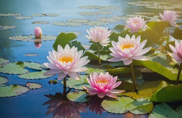 Construct a sophisticated arrangement including a calm pond encircled by water lilies, with their delicate blossoms floating effortlessly on the surface.