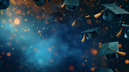 fondo divertido de invitacion digital para celebrar una graduación lienzo con diseño y espacio para copiar birretes de diseño fondo azul